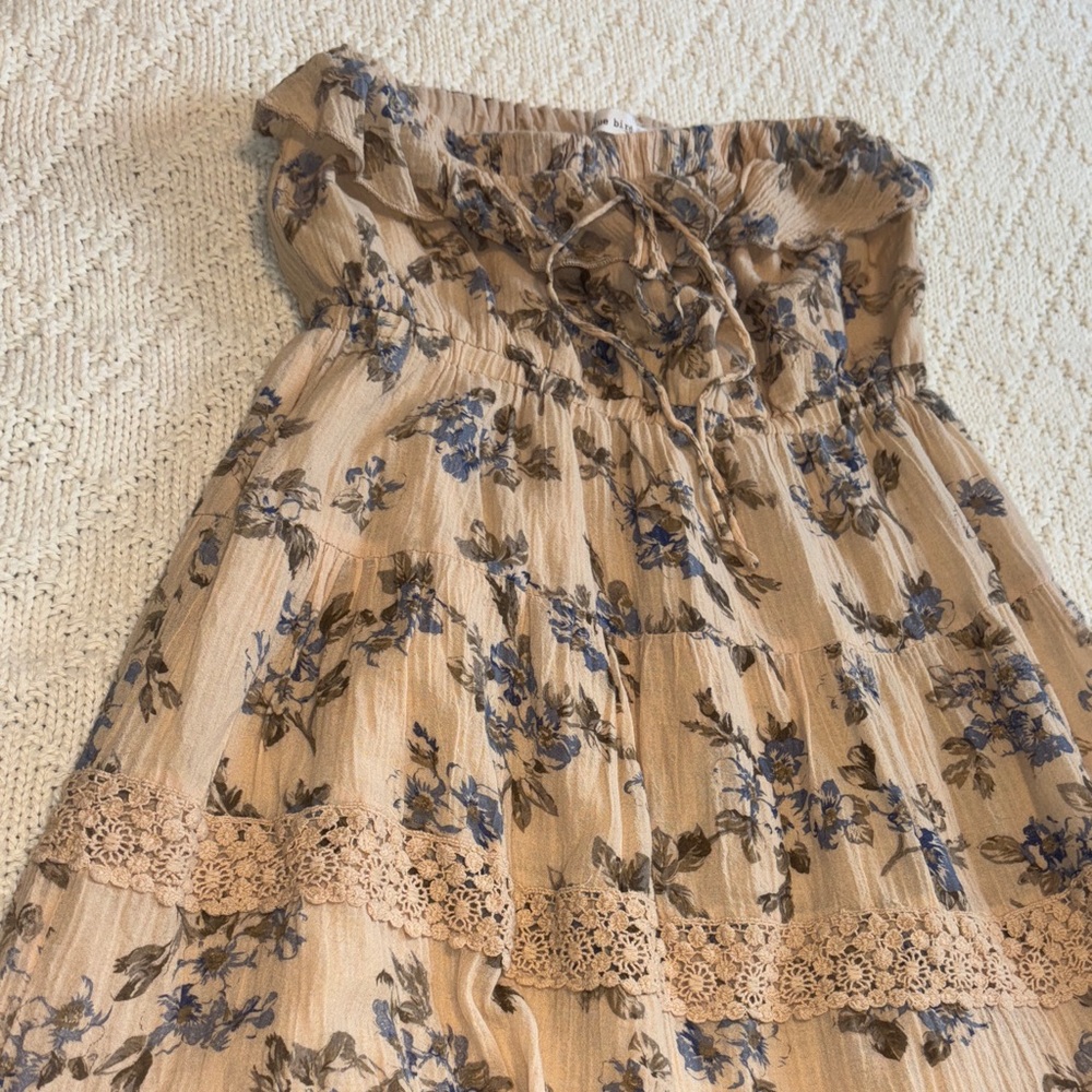 Floral Tan Strapless Dress